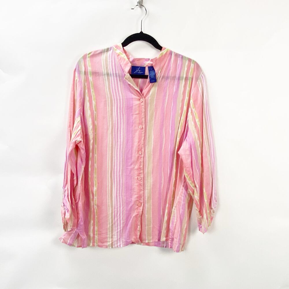2/$30 J.H Collection 2X Plus Womens Pink Striped Cotton Button-Up Shirt